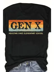 Women's Gen X Nostalgia T-Shirt - GEN X ADULTING Retro 90s 80s Striped Casual Tee, Loose Fit Breathable Round Neck Top for Gen X Day Events & 90s Themed Parties (Adulting Slogan)