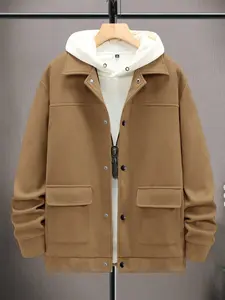 Men's casual solid color lapel jacket, button design, large size square patch pocket, can be worn as a layer or alone, autumn and winter fashion workwear style, suitable for daily street, campus, light business leisure and other occasions, men's coat.