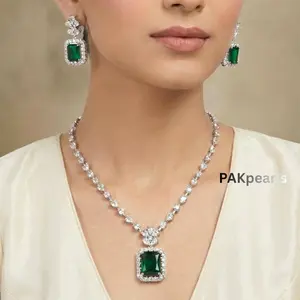 AD Crystal Necklace Set Silver Tone With Earrings & Maang Tikka