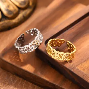European American Style Hollow Open Band Rings, Multi-design Stainless Steel Casual Luxury Jewelry