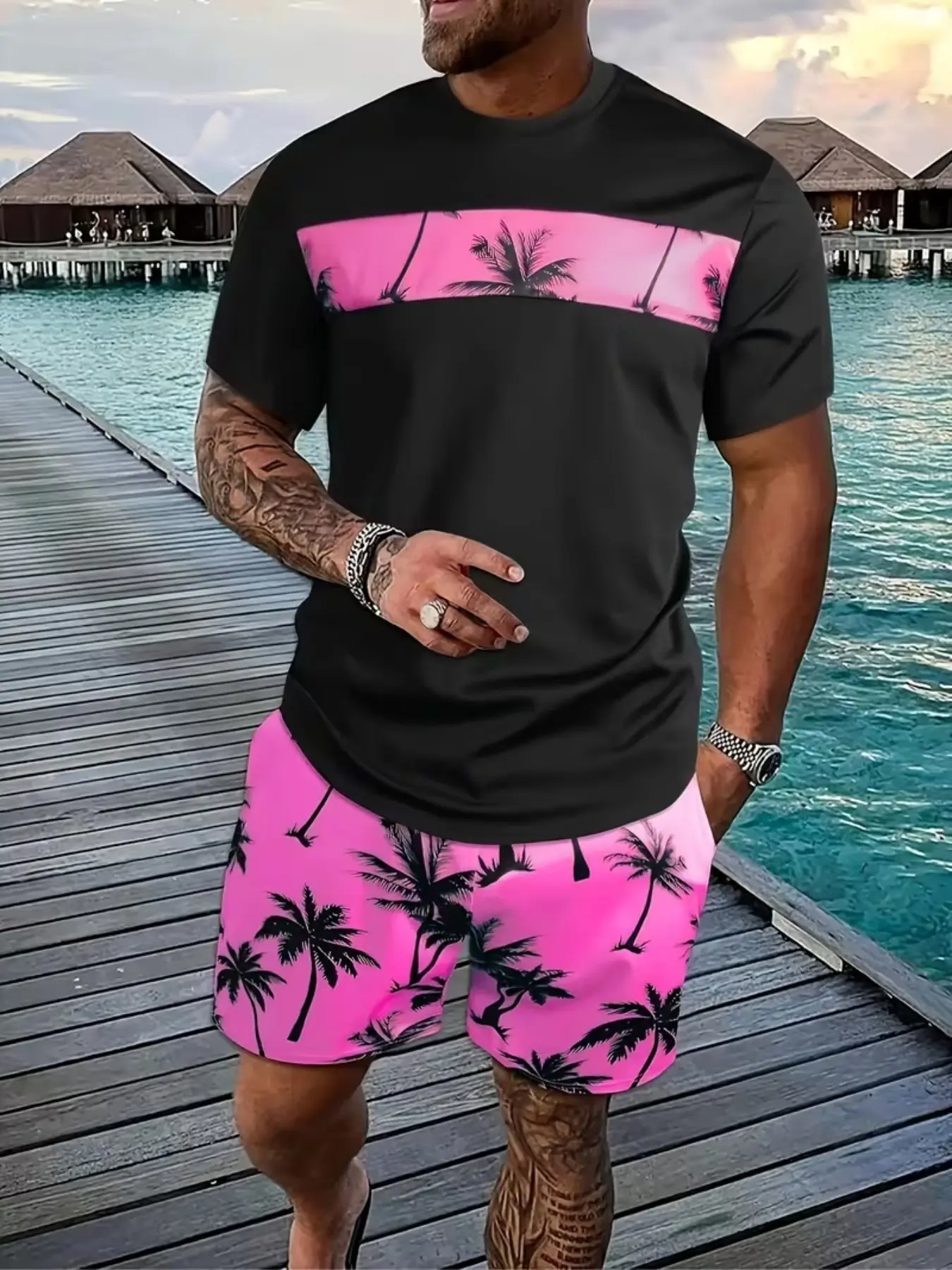 Summer Vibe Tropical Coconut Tree Graphic Print Short Sleeve Fitted Tee Top and Shorts Matching Outfits Set, Trendy Men's Beach Casual Two-Piece for All Seasons Clothes