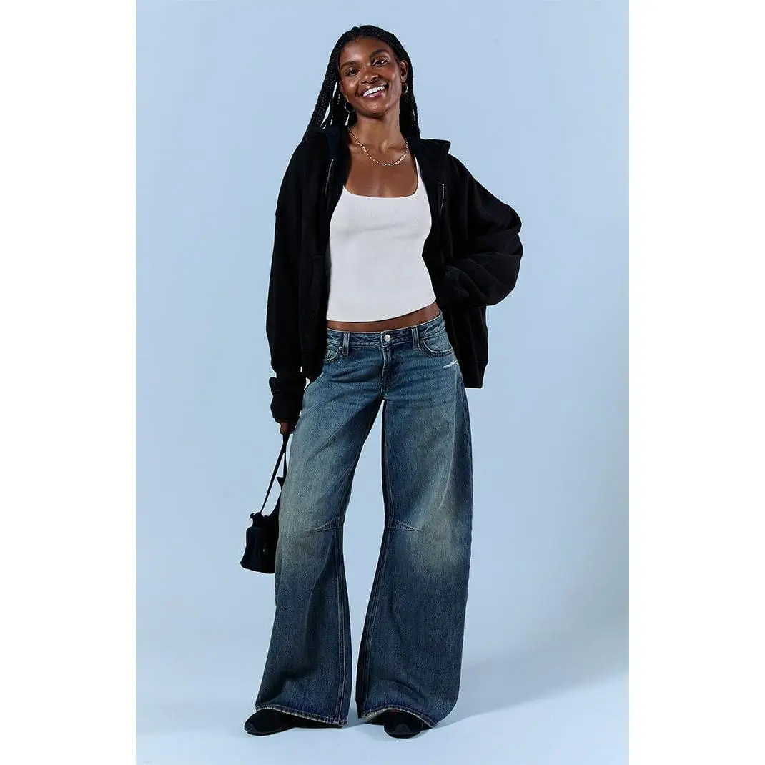 Pacsun Women's Ronnie Ultimate Low Rise Barrel Jeans Ripped Medium Blue