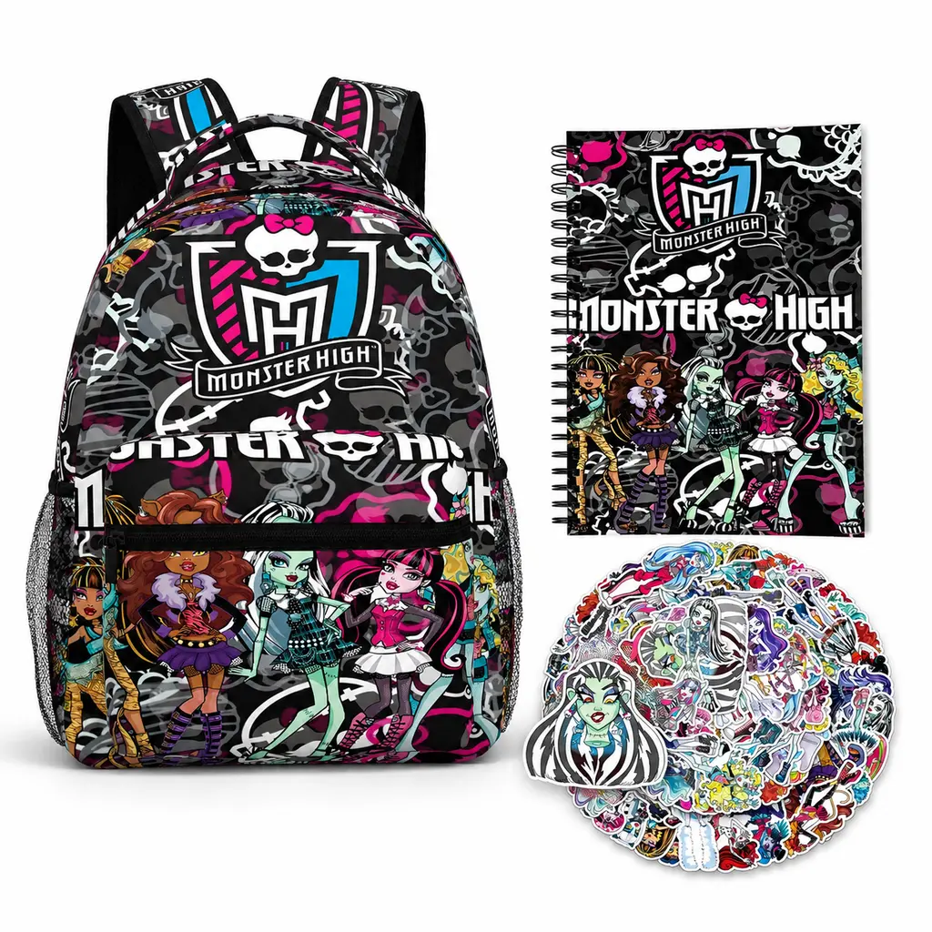 Monster High Backpack, Cute Monster High Print School Backpack Set for Teen Girls Boys, Adjustable Strap Kids Bookbag, School Supplies Combo Includes Notebook and 50Pcs Cartoon Stickers, Ideal for Elementary & Middle School Daily Study