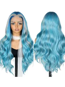 13*4 blue highlights curly fashion high-definition lace wig, no glue, pre-pulled hairline, freely sewn, time-saving, heat-resistant fiber, natural, comfortable and breathable wearing process, 28-inch long style, versatile for daily use