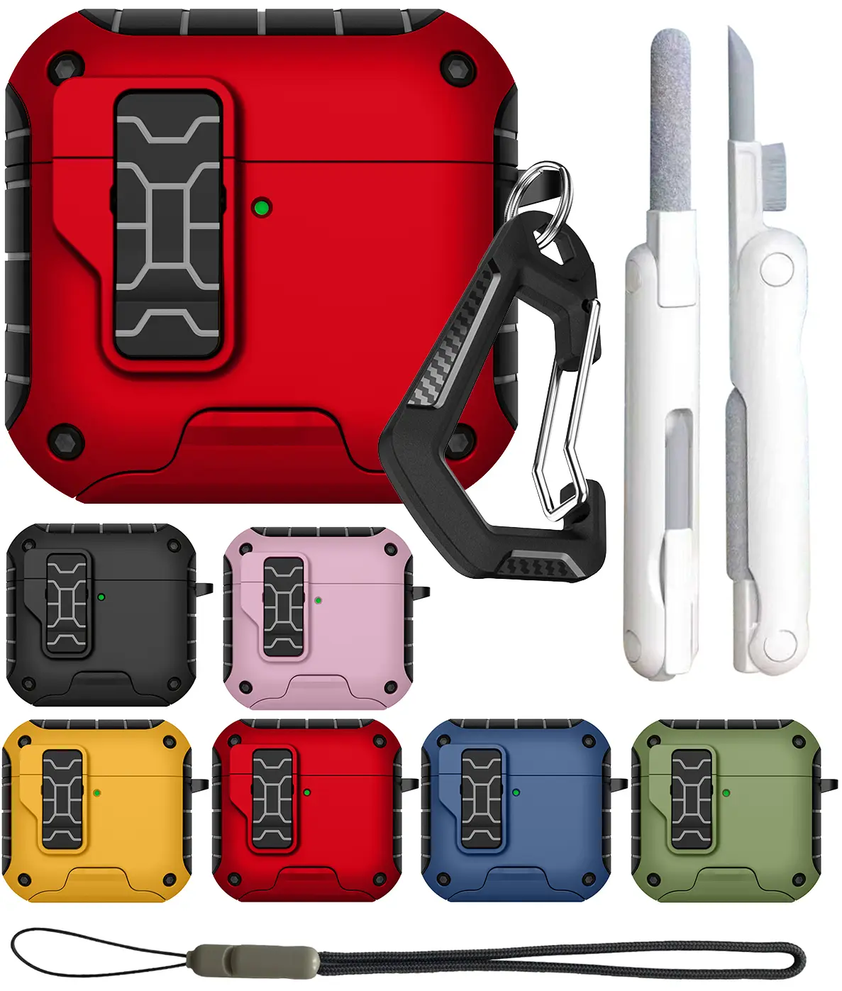 Nakedcelllphone MagnaFlip Bundle for Apple Airpods 4 Case, Rugged Cover, Secure Latch, Magnetic Flip, Kickstand (Includes Lanyard Strap, Carabiner Clip and Cleaning Kit) - Compatible with MagSafe