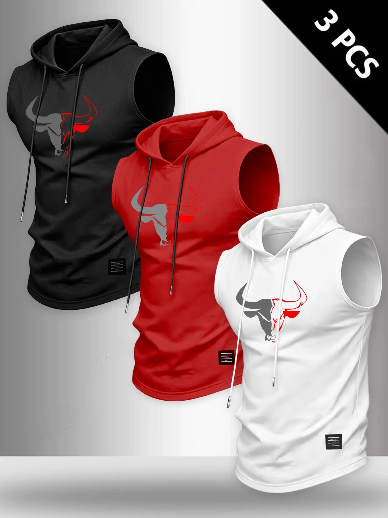 3-Pack Men's Breathable Bull Head Print Sleeveless Hooded Sports Tank Tops, Casual Summer Active Wear Tops for Fitness & Daily Wear