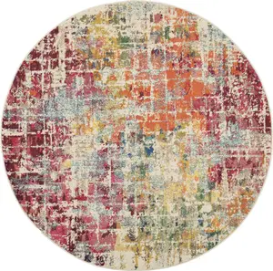 HomeRoots 480197 5 x 5 ft. Pink Abstract Power Loom Distressed Non Skid Round Area Rug, Abstract Rugs, Home Decorative Rug
