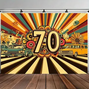 Retro 70s Party Backdrop Vintage Disco Backdrop Number 70 Floral Background Cloth Retro Tapestry Wall Hanging Photography Background Polyester Fiber Birthday Wedding Graduation Party Event Studio Decor Prop Wall Art