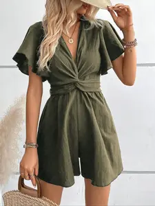 Women's Twist Butterfly Sleeve Woven Chic Romper Casual V Neck Wide Leg Jumpsuit Ladies Summer Clothes for Daily Wear party essential summer staple seasonal musthave timeless piece easy care classic staple