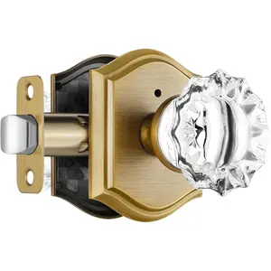 Vintage Privacy Crystal Glass Interior Door Knobs with Lock, Antique Brass Push Pin Inside Lock Door Knobs for Bedroom Bathroom, 1 Pack