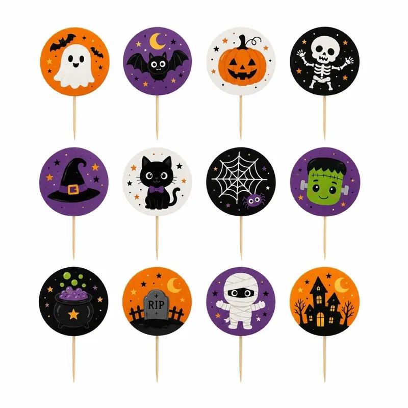 Halloween Cupcake Toppers Set of 12 | 2” Round Party Picks | Spooky Ghost Pumpkin Bat Decorations