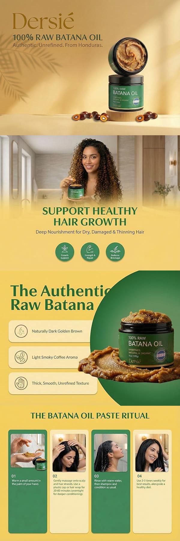 Dersie 100% Raw Batana Oil Paste – Unrefined Batana Butter for Hair Growth & Thinning Hair – Deep Scalp & Hair Care for Dry, Damaged, High Porosity & Thin Hair – Authentic Batana from Honduras (4 oz)