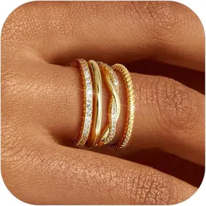 Stackable Gold Rings for Women Non Tarnish Dainty 14K Gold Plated Stackable Thin Rings Cubic Zirconia Thumb Ring Set Trendy Statement Promise Wedding Bands Engagement Rings for Women Size 5-10(Sheets)