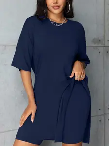 2 Pieces Women Suit Women's Casual Plain Long Top & Short Pants Set, Mid Waist Short Sleeve, Fashionable Minimalist Home Sportswear, Basic Style Clothes, Womenswear