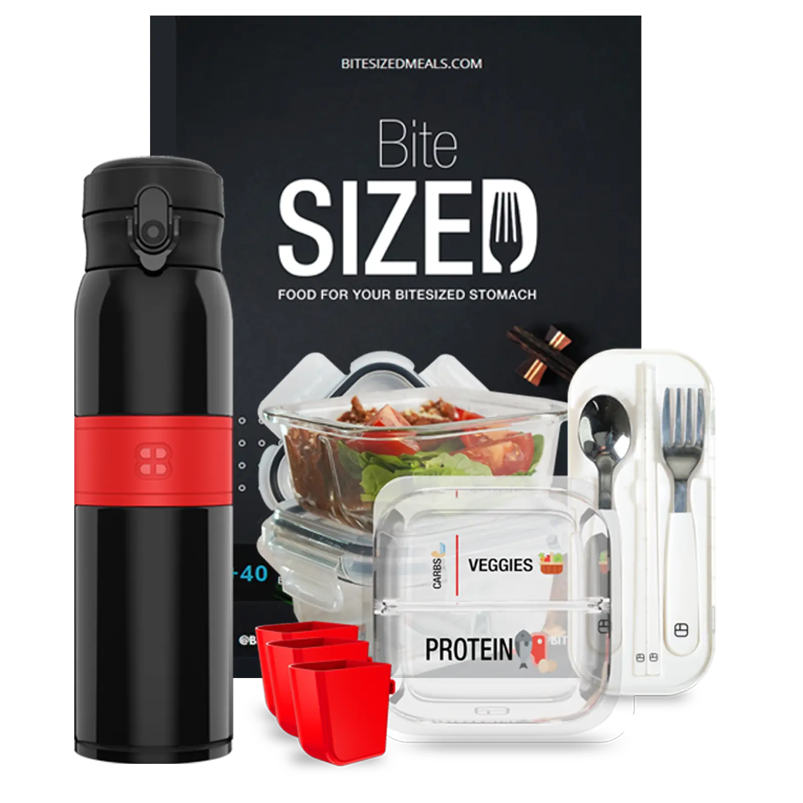BariBundle Bariatric Meal Prep Bundle – 3 Glass Portion-Control Containers + 20oz Bottle + BiteSized Cookbook, Silicone Cups & Utensils