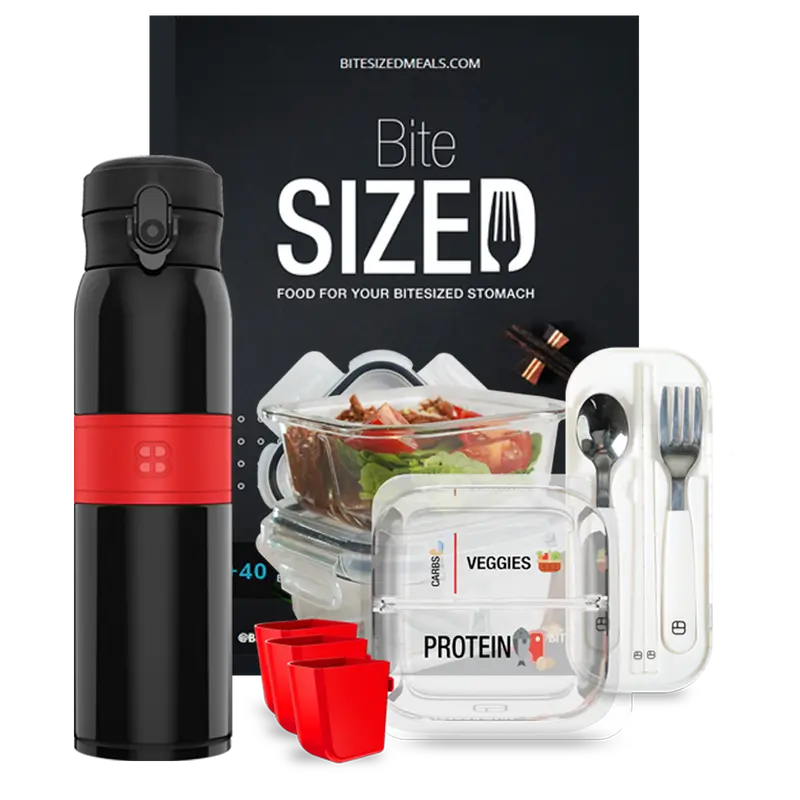 BariBundle Bariatric Meal Prep Bundle – 3 Glass Portion-Control Containers + 20oz Bottle + BiteSized Cookbook, Silicone Cups & Utensils