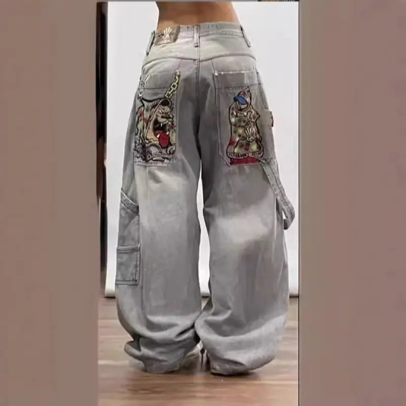 High Street Personalized Patterns Loose Straight Wide Leg  Cute  cut Jeans