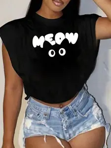 Women's Meow Print Round Neck Tee, Fashion Casual Crew Neck T-Shirt for Daily Holiday Vacation Outdoor Wear, Ladies Clothes for Spring & Summer, Top