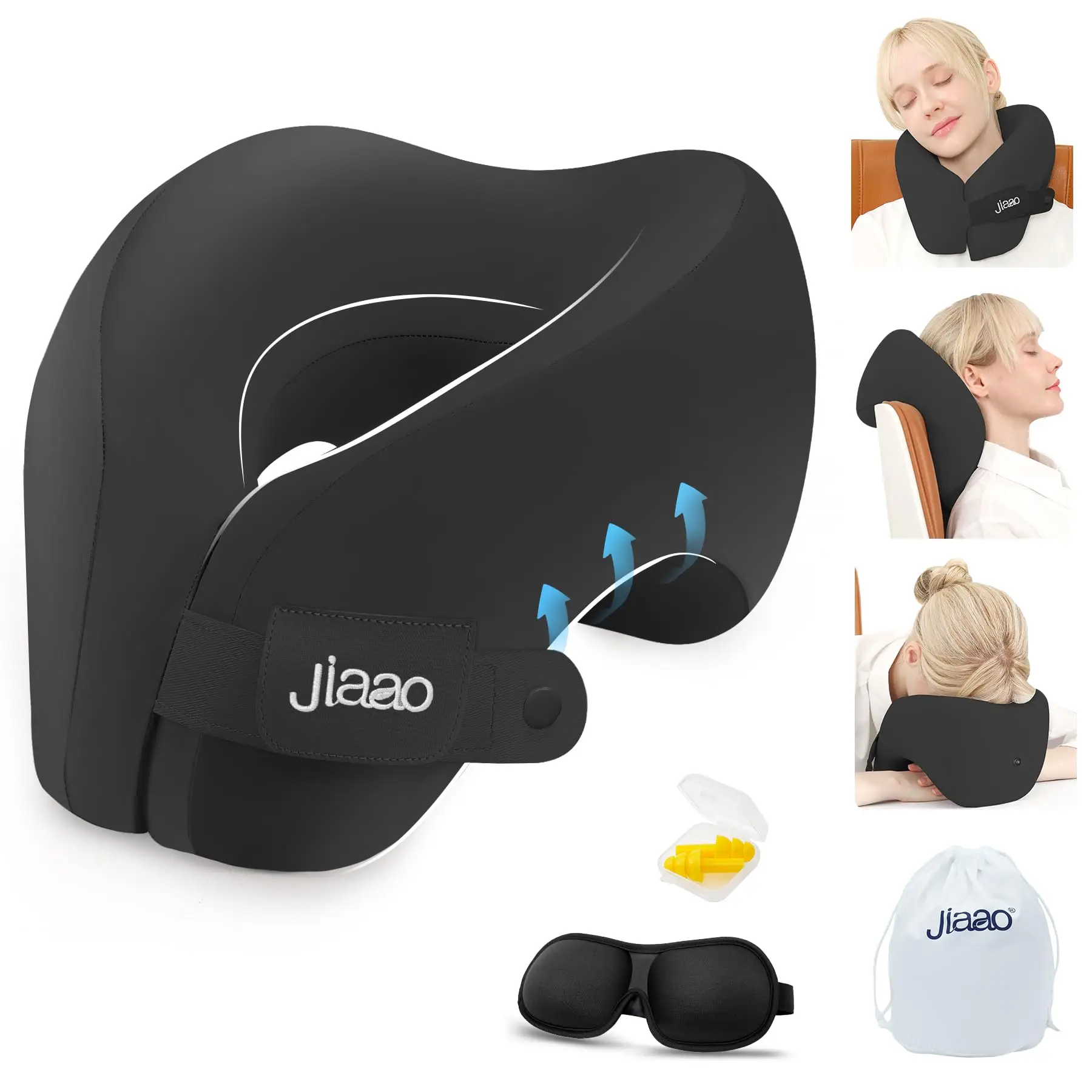 Jiaao 2-in-1 Travel Neck Pillow with 3D Eye Masks & Earplugs - Comfortable Memory Foam U-Shaped Pillow for Airplanes & Naps - Adjustable Velcro & Remo