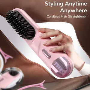 Go Brush Pro for Short Hair 2026 Hair Straightener Brush 300M Negative Ions,Portable Cordless Straightening Comb for Women,Fast Heating 4 Temps for Frizz-Free Smooth Hair Travel Gift Light Pink