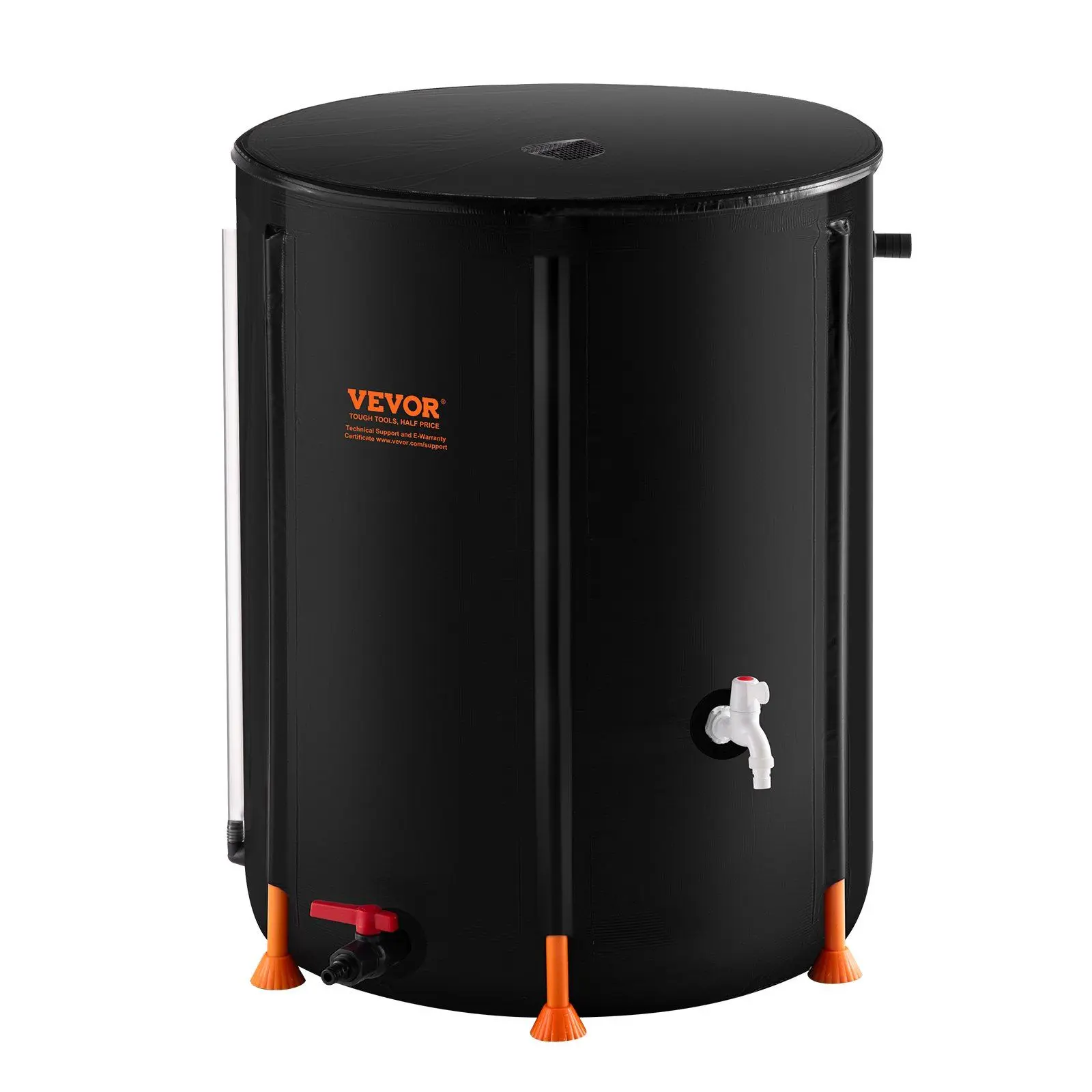 VEVOR Collapsible 53 Gal Outdoor Rain Barrel Kit, Rain Catcher with Mesh Top, 3/4" Quick-Release Valve, Spigots, Overflow Kit, 2mm Thick Support Poles, Transparent Tube for Household Water Storage, Households