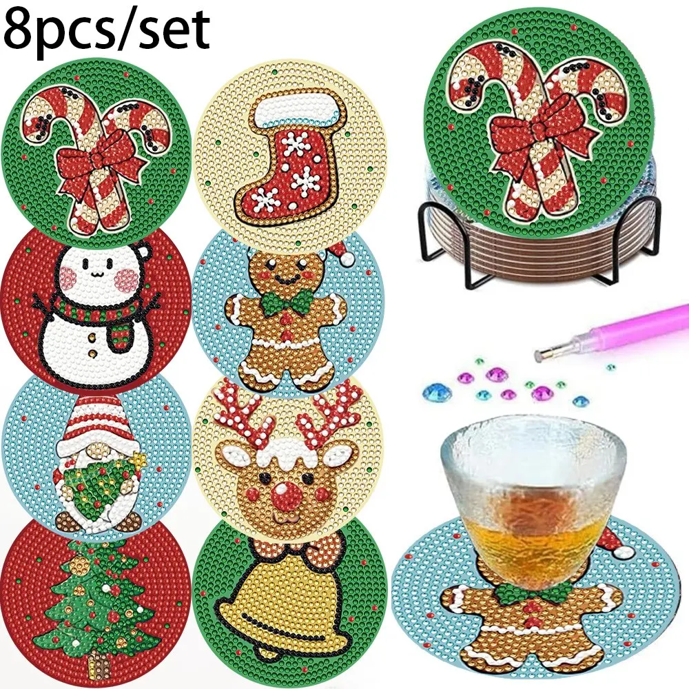 8 Piece DIY Diamond Pattern Christmas Coasters, 5D Diamond Art Set, Non-Slip Desk Protectors, Home Decor Gifts