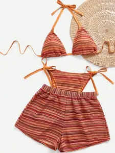 【Plus Size】 Striped Pattern Bikinis Set, Casual Fashion Swim Top & Swim Bottom & Cover Up Shorts Set for Beach Holiday Vacation, Women's Swimwear for All Seasons