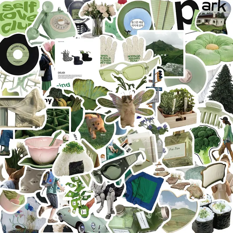 Green Theme Sticker, 62pcs/set Self Adhesive Decorative Stickers, Diy Decals for Water Bottle, Laptop, Phone Case, Scrapbooking, Journal Making