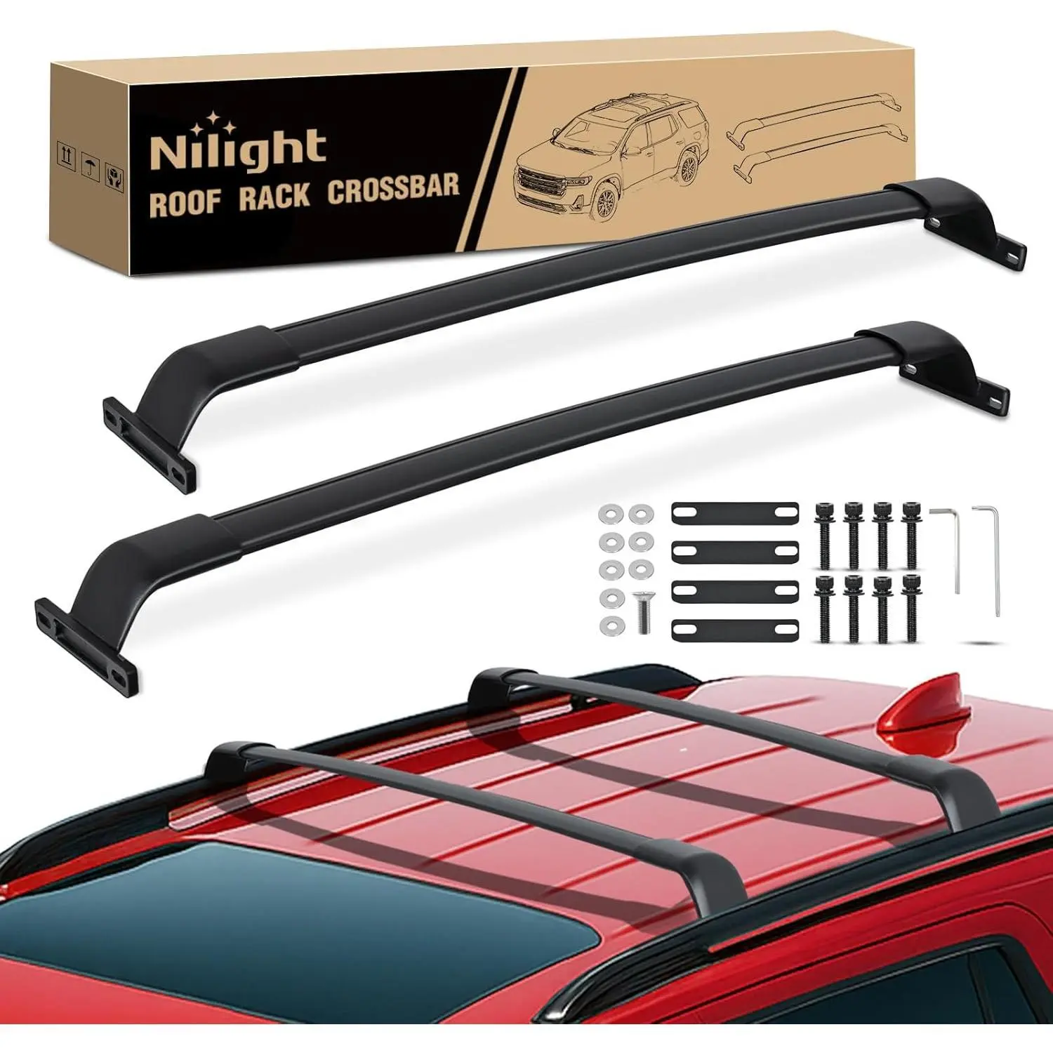 Nilight Adjustable Aluminum Alloy Automotive Roof Rack Crossbars, Car Accessory with Solid Structure, Low Wind Noise, Quick Install, 220lbs Cap., Max Load Capacity: 220lbs, Fits 2017-2023 GMC Acadia with Side Rails, Supports Cargo Carrier & Luggage Box