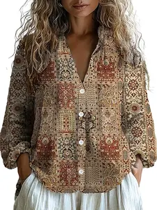 Women's Collared Acrylic Long-Sleeve Blouse - All-Over 3D Digital Art Print, Boho Casual Button-Up, Blush Pink/Amanda Blue Belly Crop, 2-Scenario (Daily/Vacation) All-Season High-End Women's Top