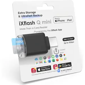 SD Card Reader for  17/16/15, iPad, Android, , PC, Laptop, USB C Memory Card Reader adapter, Auto Photo Backup,  MFi Photo stick Phone Drive iXflash Q mini w/Free App Black