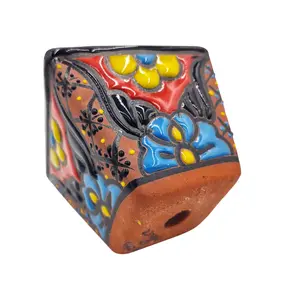 Mexican Terracotta Small Talavera "Cuadrito" Planter Hand Painted - Dark Blue Trim