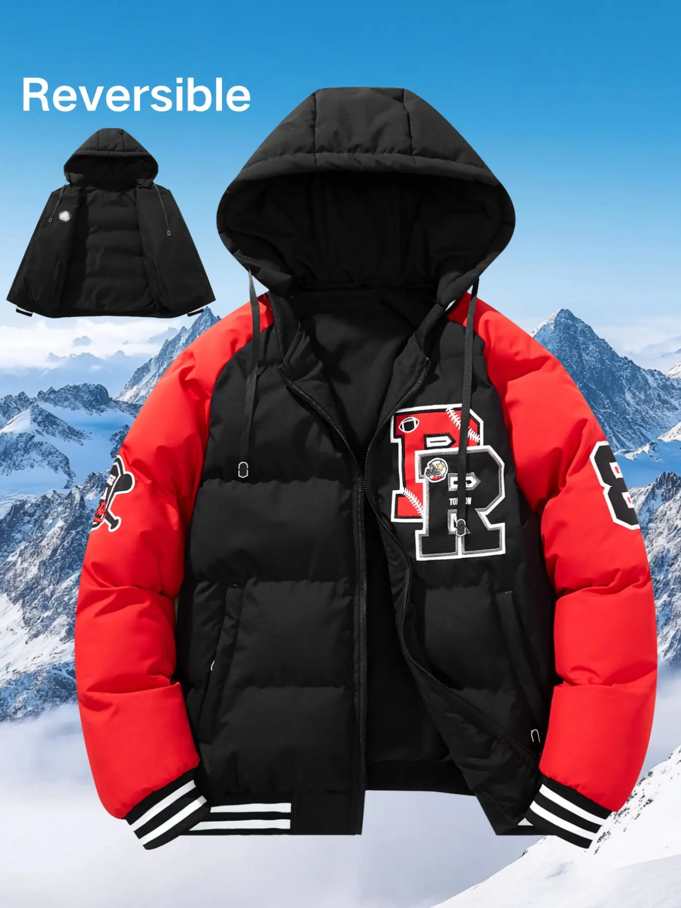 Men's Reversible Jacket for Fall & Winter, Thick Warm Casual Fashion Outerwear, Casual Fitted Style, Colorblock Design, Polyester Fiber Material