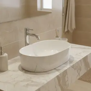 MLF Oval Vessel Sink Bathroom Countertop - Ceramic Marble Look Sink Bowl, Above Counter Vanity Basin - Modern Bathroom Sink Bowl, 19.69" x 12.8" x 5.5" - Capsule Series