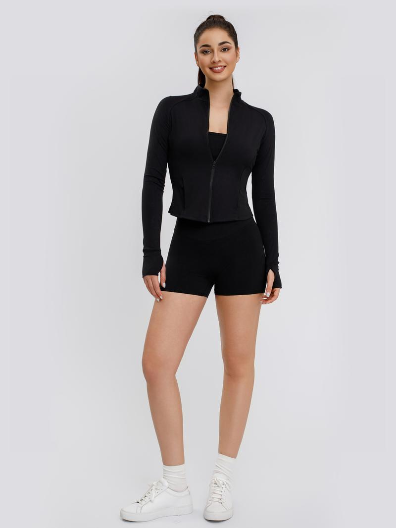 S&W Women's Yoga 3-Piece Set - Biker Short, Tank Top, Jacket with Zipper - Tie-Dye in Apricot Blue & Black - High-Rise Collar, 4-Way Stretch