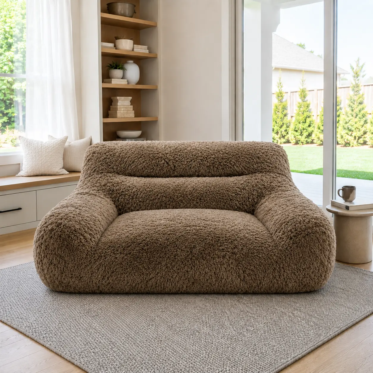 Oversized Compress Sofa with 33.9in Wide Seat, Dark Brown Boucle, Plush Cloud-Like Comfort, Space-Saving Vacuum Packed, Modern Minimalist Design, 43.3x46.9x37.2in