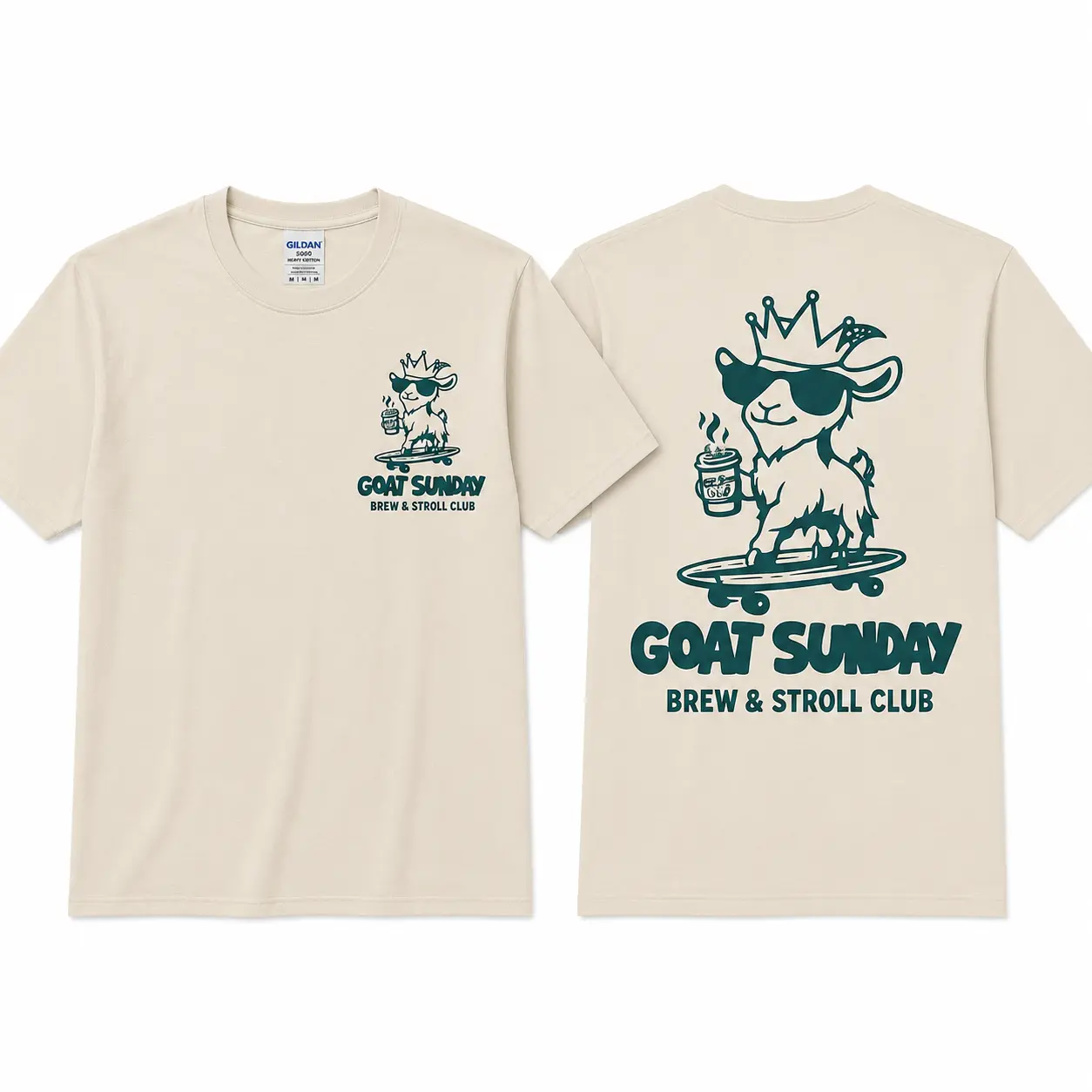 Goat Sunday Brew Stroll Club Graphic T Shirt, Funny Coffee Goat Tee, G0AT USA Inspired, Gildan 5000 Heavy Cotton