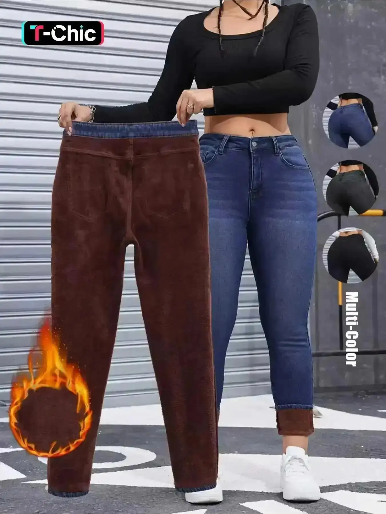 Women's Fleece-Lined Thermal High Waist Jeans Pants, Slim Fit Woven Denim for Fall & Winter Fitted, Active Wear, Elastic Waistband, Stretch Fabric, Lightweight Sport, Daily Essential, Chic Design, Versatile Wardrobe