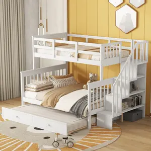 Stairway Bunk Bed Twin Over Full Bunk Bed with Trundle, Wooden Bunk Bed with Storage and Guard Rail for  Teen Adults