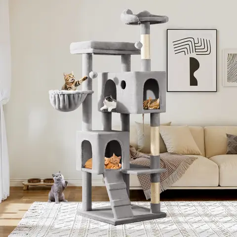 Allewie 64-Inch Tall Plush Wrap Cat Tree - Scratch-Ready Sisal Posts, Secure Climb, Play/Nap Zones, Dual-Entry, 2 Condo Hideouts, Sturdy Multi-Level Activity Center for Large Indoor Cats (Beige, Dark Grey, Grey, Pink, Animal Print, White&Black Spot)