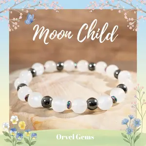 Luna Moon Child Bracelet – Natural Rainbow Moonstone & Hematite for Protection | Unisex Celestial Gemstone Jewelry | Spiritual Gift for Women, Men, Couples, Friends & Family