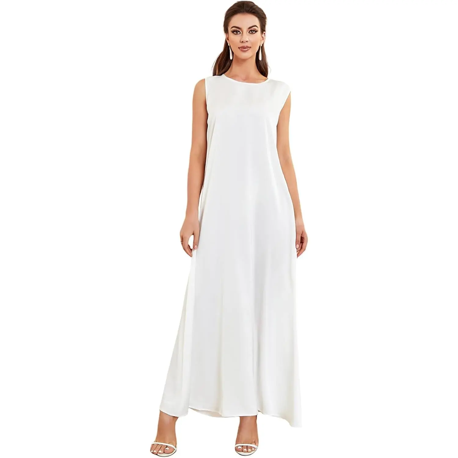 Sleeveless Crepe Inner Dress for Abaya, Elegant A-Line Maxi Slip with Crew Neck for Muslim Women's Ramadan & Casual Wear, Islamic Prayer