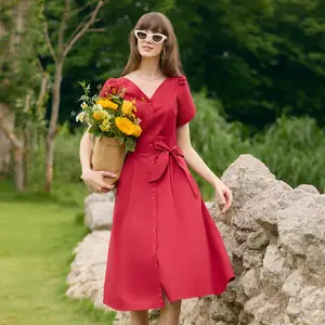 Petal Sleeves Gathered Waist V-Neck Women Midi Dress With Belt