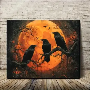 A Gothic-style Frame with a Crow and Orange Moon Canvas Wall Art - Dark Gothic Decoration, Crow Perched on a Branch, Suitable for Living Room, Bedroom, Office Hanging Painting - Halloween, Christmas, Autumn Home Decoration - Gothic Bedroom, Kitchen, Offic