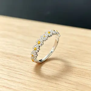Silver Daisy Flower Stackable Ring| Yellow Center Design| Perfect Daily & Gift Jewelry