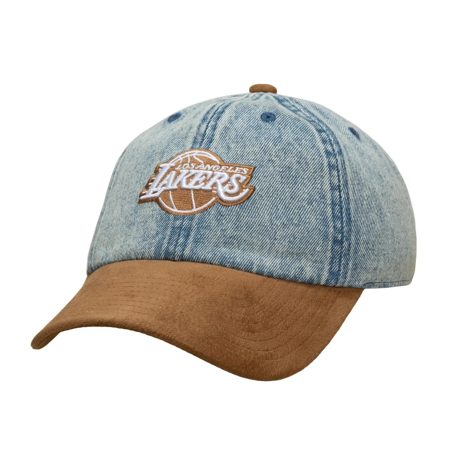 Los Angeles Lakers Denim & Brown Suede Strapback Adjustable Hat NBA Throwback Cap Fan Gear