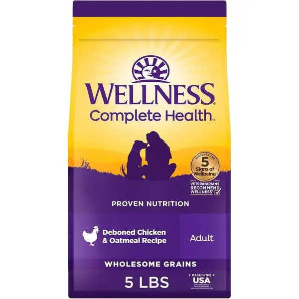 Wellness Complete Health Adult Dry Dog Food, Wholesome Grain Kibble, Natural, Chicken and Oatmeal Recipe, 5 lb Bag