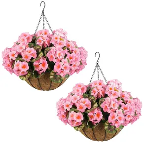 Garvee 2 Set Artificial Outdoor Geraniums Flowers with Brown Basket, Artificial Hanging Flowers Plant, 12 Pcs Geraniums Flowers for Christmas, Front Porch, Garden, Patio, Home Decor, Pink