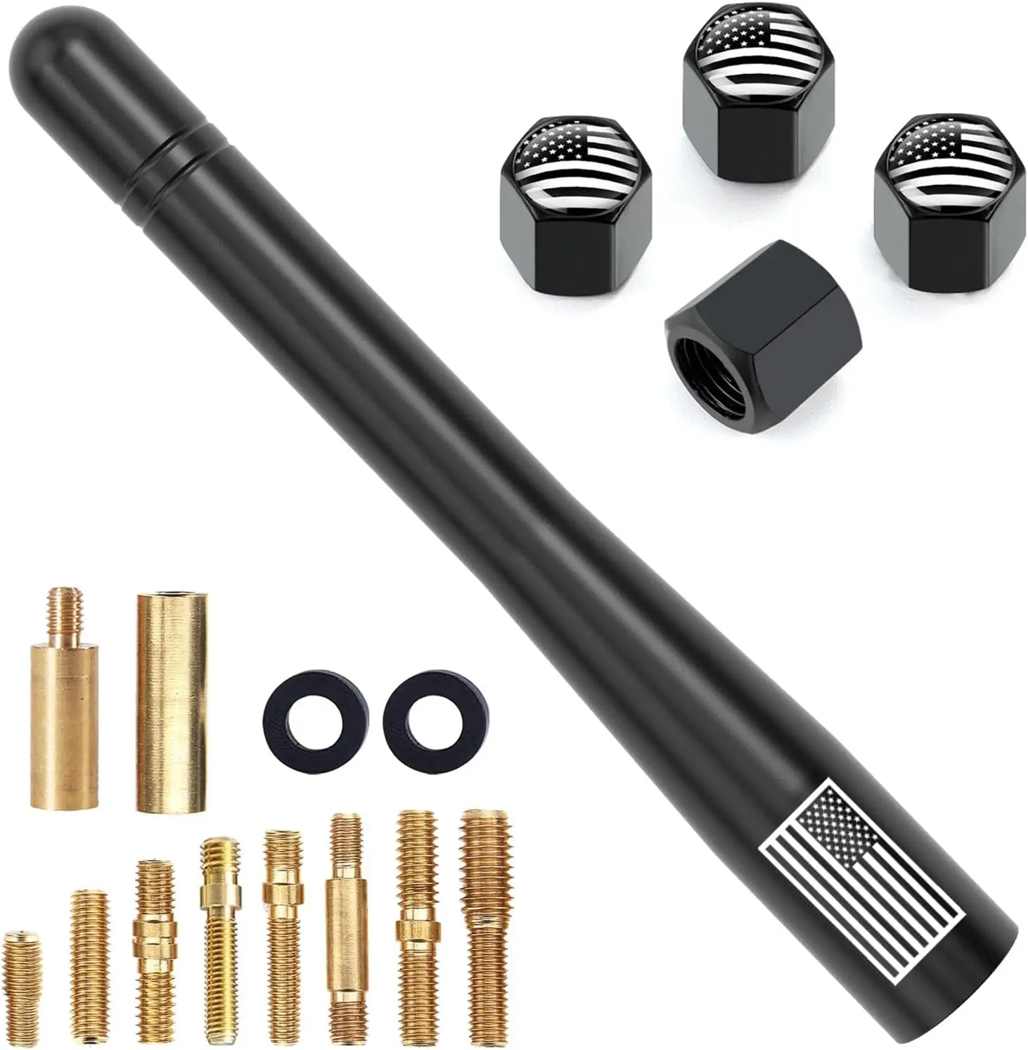 Car Truck Short Antenna 4" with Tire Valve Caps American Flag Universal Replacement for GMC Sierra Chevy Silverado Dodge Ram 1500 2500 3500 Ford F150 F250 F350 Super Duty Bronco Raptor, Black, Mustang, Equinox, Cobalt, Cadillac, Mazda Miata