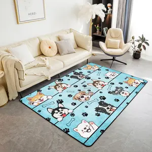 Lovely Dog Area Rug ,Cute Puppies Cartoon Animal Decor Non Shedding Rug for Kids Teen Adults,Kawaii Paw Print Blue Decorative Carpet for Playroom Bedroom Dining Room